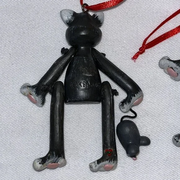 cat ornaments grey sitter dangle legs heart with mouse Set of 2 Approx 4 Inches - Picture 7 of 12